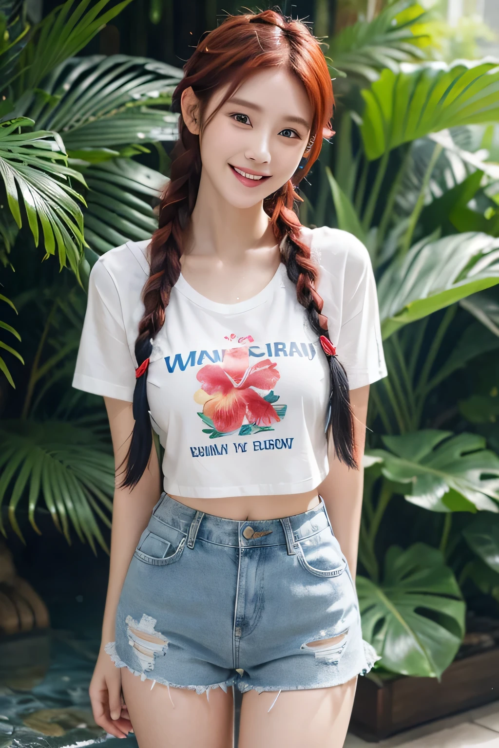 beautiful girl, Wear a t-shirt with a Hawaiian flower pattern., blue short jeans skirt, Red hair braided in two braids, smile, laugh, Standing and taking pictures, Big chest 700 cc, I'm wet., Wet clothes, half body