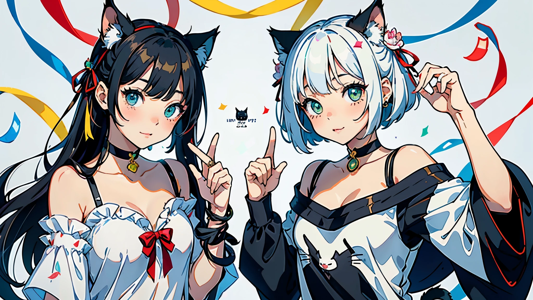 looking at the viewer, 1 girl, open your mouth, smile, Virtual YouTuber、with a girl、((highest quality, expensive_solve, clear_image)),(black hair), (black cat ears), (Ahoge), (ridiculously short hair), (wavy hair), (blue eyes),、laughter、very big breasts,valentine's day、stuck out tongue、twin tails、random pose