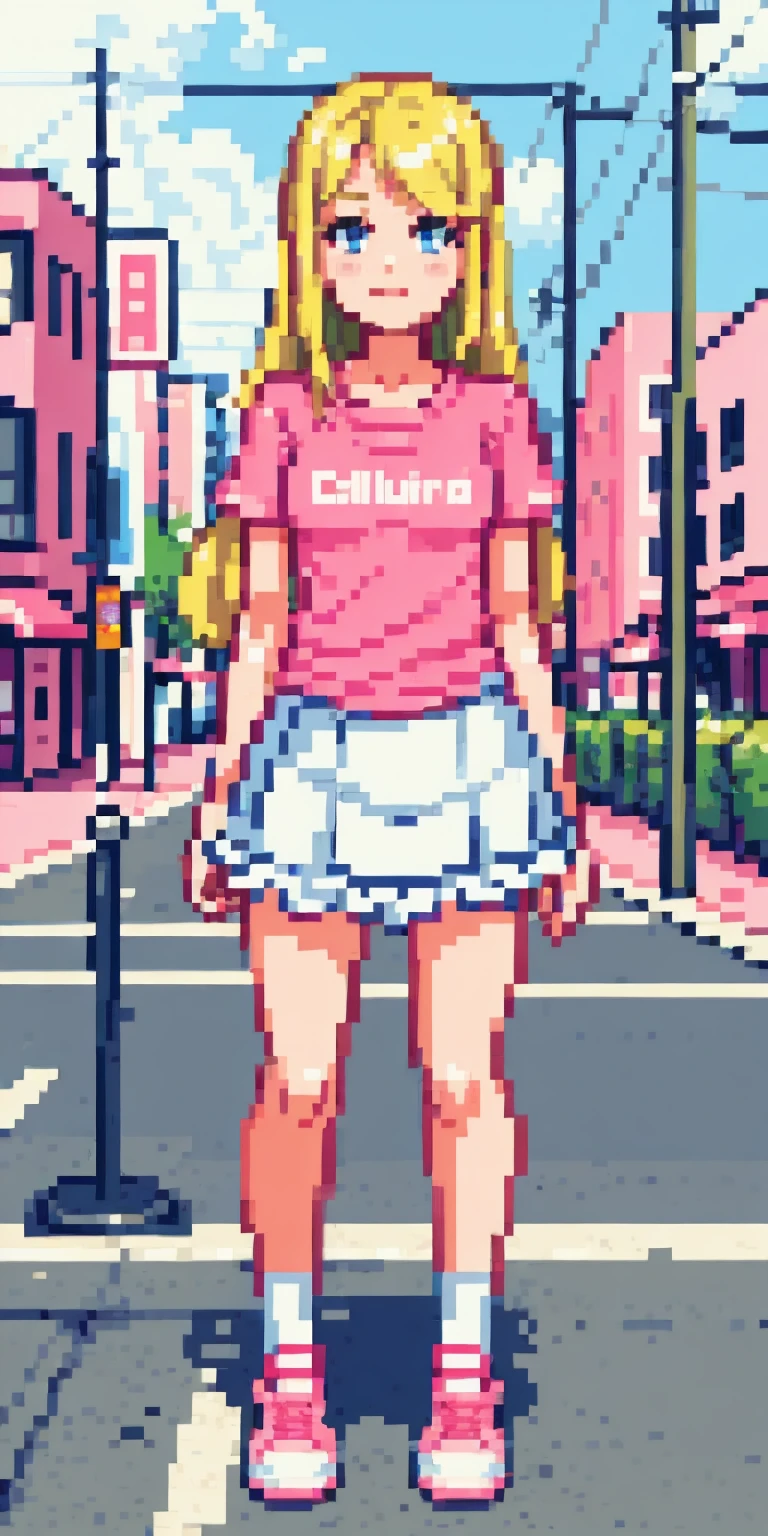 beautiful, (masterpiece:1.2), (best quality:1.2), Beautiful 10-year-old white girl with blue eyes, long swept-back straight blond hair, Happy), Pink and white frilly miniskirt, pink shirt, pink socks, white sneakers, California City background, daylight.