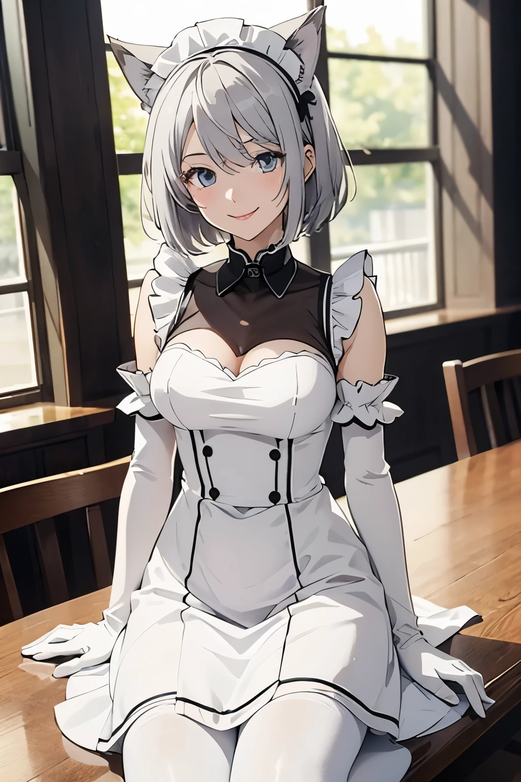 table top　 best image quality　wonderful　high detail　One Young Woman（（adult））anime style　full body　White maid outfit（No sleeve）　white long gloves（elbow gloves）　white pantyhose　wolf ears　short hair（（shortcut）（gray hair）（curly hair）（fluffy））　smile（Happy）　eye color is blue