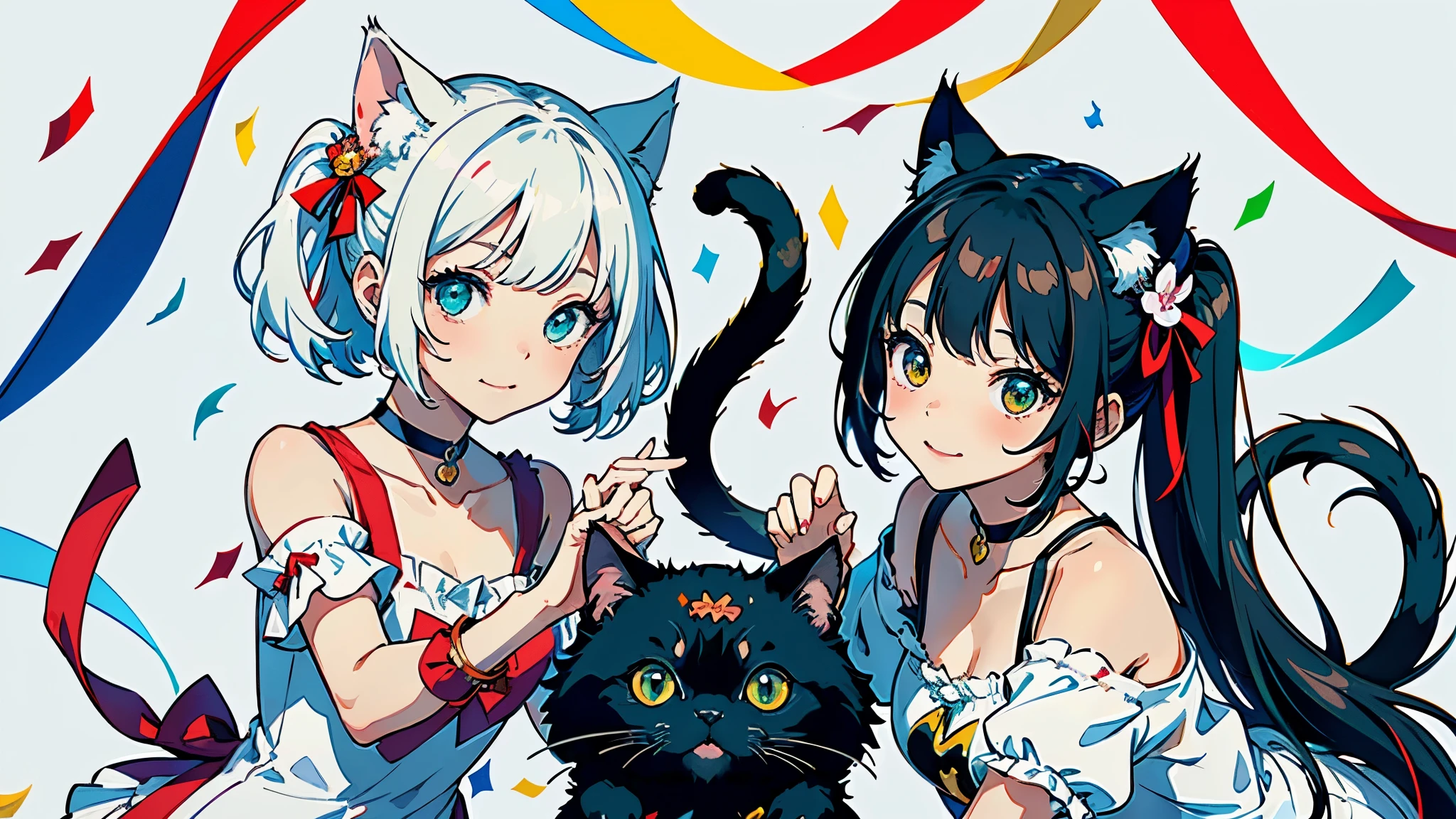 (highest quality, masterpiece, High resolution)、(anime art)、cinematic light、soft light、(two girls)、black hair、Black cat costume、White Cat Costume、Tabby cat costume、Striped cat costume、Persian Cat Costume、3-color cat costume、(loose t-shirt)、loose shirt、off shoulder、sexy mini dress、(Cat ear)、bob cut、semi-long、bun hair、hair ornaments、choker、Cute face details、enchanting smile、small breasts、whole body、(cat pose)、((sexy gesture))、beckoning、playing、dance、Cat jarashi、((confetti、ribbon、petal、candy、is dancing in the air、Crackers popping、))、((white background))、