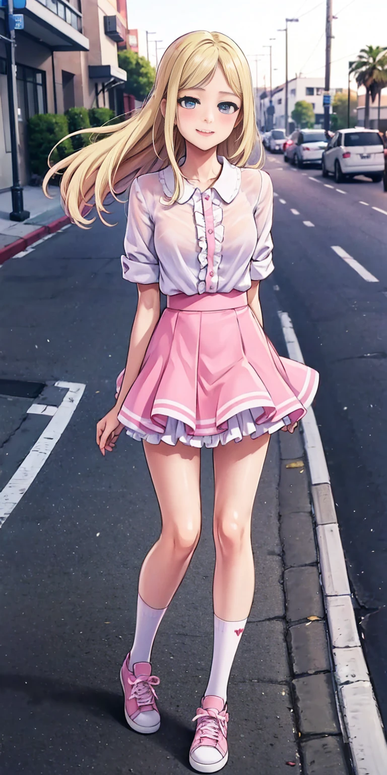 beautiful, (masterpiece:1.2), (best quality:1.2), Beautiful 10-year-old white girl with blue eyes, long swept-back straight blond hair, Happy), Pink and white frilly miniskirt, pink shirt, pink socks, white sneakers, California City background, daylight.
