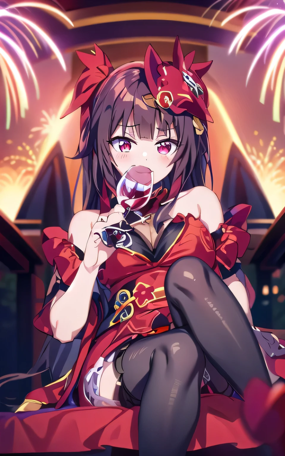 Anime style girl in red dress,Holding a wine glass, Anime Girls Cosplay, return, Fireworks of Collapsed Star Railway, return tohsaka, Megumin from konosuba, anime cosplay, dreturnking wine, seductive anime girl, Ayaka Genshin Shock, 《Genshin》Zhongli in, red wine, Azure Lane style, deadly