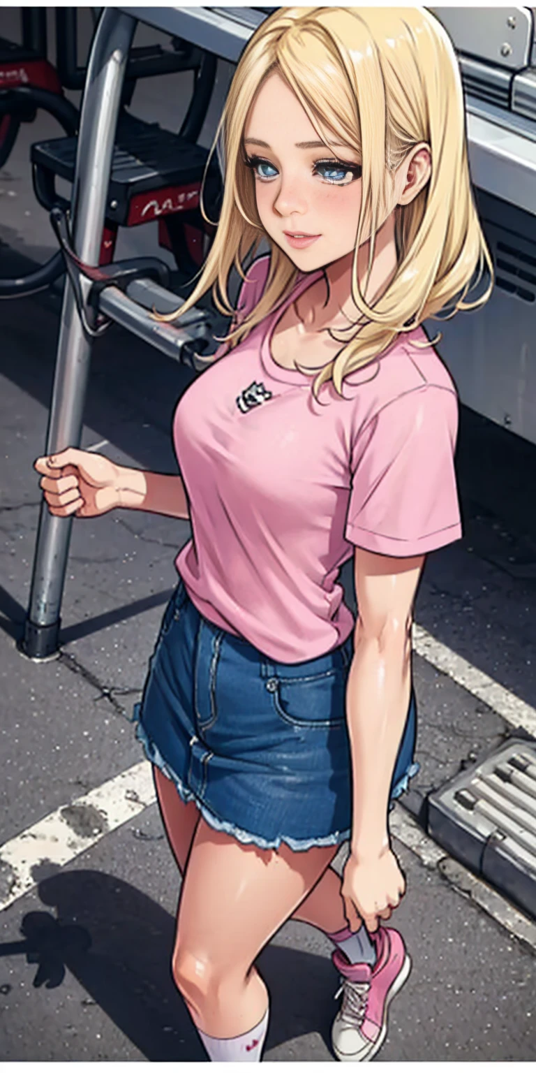 beautiful, (masterpiece:1.2), (best quality:1.2), Beautiful -yeld wh girl with blue eyes, long swept-back straight blond hair, Happy), Pink and white frilly miniskirt, pink shirt, pink socks, white sneakers, California City background, daylight.