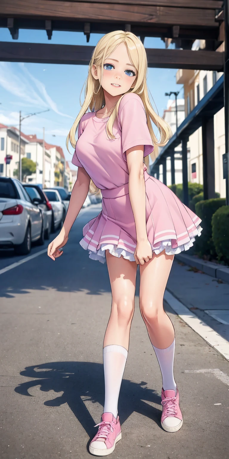 beautiful, (masterpiece:1.2), (best quality:1.2), Beautiful -yeld wh girl with blue eyes, long swept-back straight blond hair, Happy), Pink and white frilly miniskirt, pink shirt, pink socks, white sneakers, California City background, daylight.