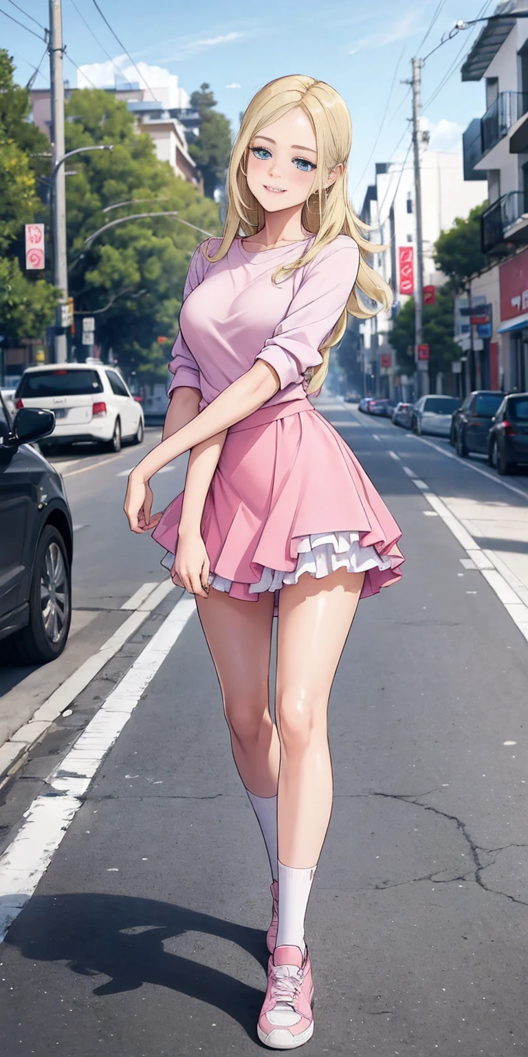 beautiful, (masterpiece:1.2), (best quality:1.2), Beautiful 10-year-old white girl with blue eyes, long swept-back straight blond hair, Happy), Pink and white frilly miniskirt, pink shirt, pink socks, white sneakers, California City background, daylight.