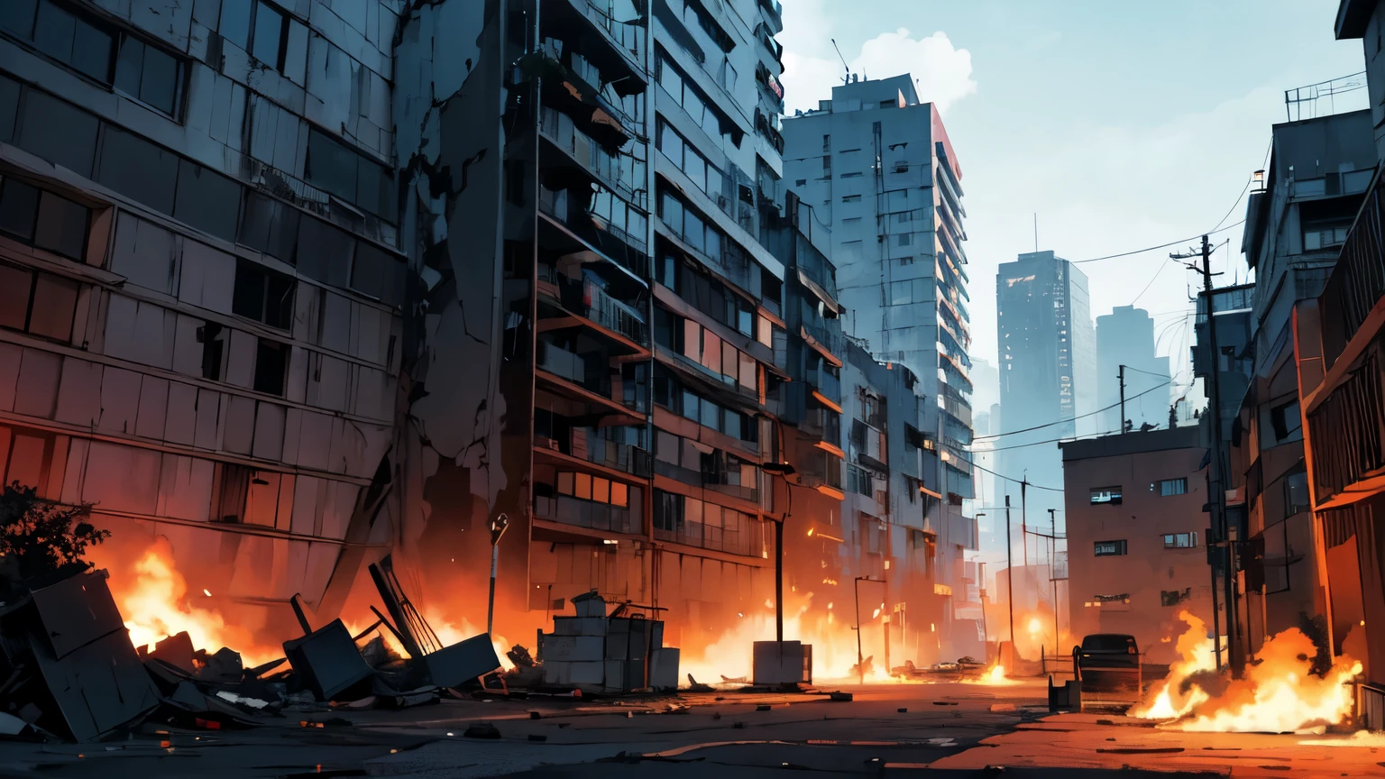 fondo para una novela visual de unos edificios destrozados, estilo anime. estilo one puchman.