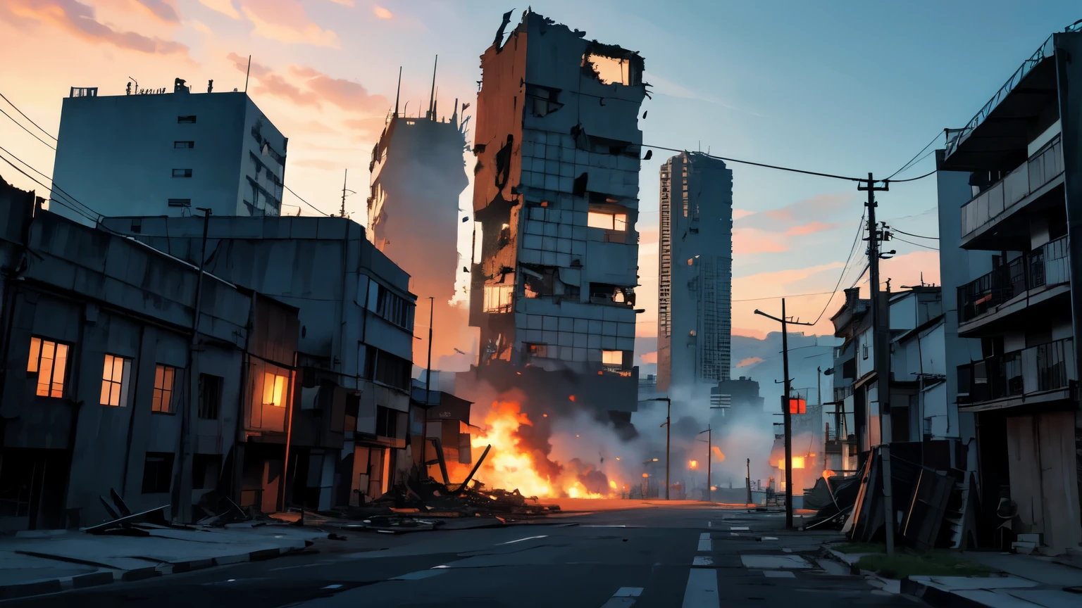 fondo para una novela visual de unos edificios destrozados, estilo anime. estilo one puchman.