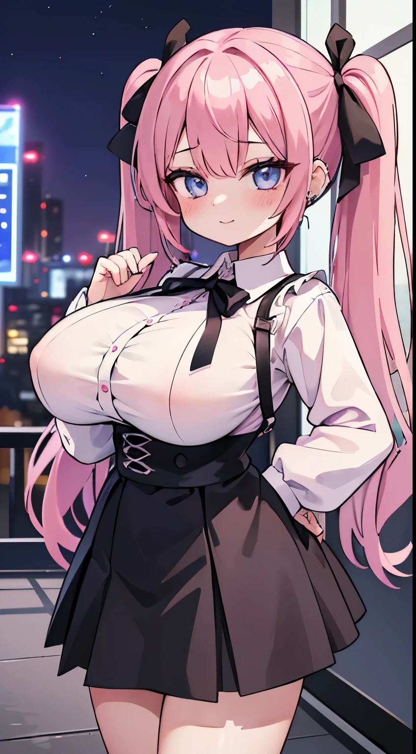 (​masterpiece、top-quality、ultra-detailliert)、((1 girl))、((Pink hair twin tails))、light blue  eyes、evilsmile、piercings、((very Bigger breasts))、jirai fashion、pink clothing、frilld、a black ribbon、Black miniskirt、cowboy  shot、Downtown background at night