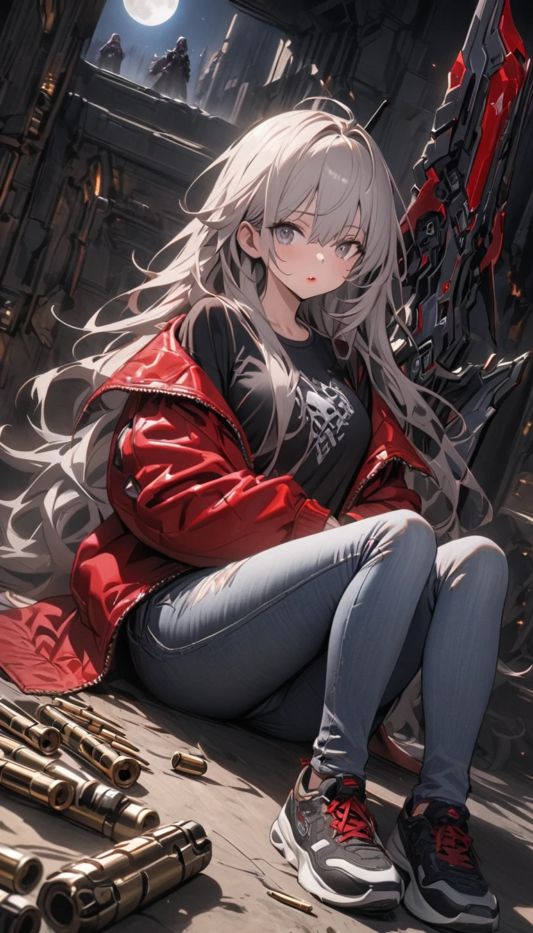 (highest quality、masterpiece、High resolution、detailed), BREAK,(Shining eyes、detailed美しい顔)、(no text:1.5)、beautiful anime、(science fiction fantasy), (masterpiece), (professional oil painting) (highest quality), (8K resolution), (1 beautiful girl、cool:1.4), ((shiny skin)), (iron gray skin), ((jeans clothes)),(red jacket)), ((Black T-shirt underneath), ((red lipstick)), ((black sneakers)), (concept art), small box, (long hair), (messy hair), (gray hair), (鉄のgray hair), ((with futuristic weapons)), (ammunition), ((moonlight at night)), (sit and think))、dynamic angle
