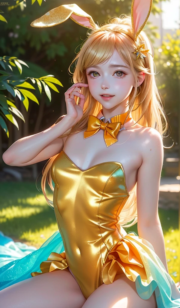 masterpiece, best quality, extremely detailed CG unity 8k wallpaper, (Upper Body head close-up shot of a beautiful  girl), , Elegant Long straight blonde hair, (Mckenna Grace), (flat chest,thighs), (orange-Cyan) golden (Glittering tutu,long Bunny Ear Headgear, , Bow-tie, No panties, genitals visible), (spread legs), (Blush), oil skin, (seductive smile), (Wonderland), pretty face, key art, award winning, intricate detail realism hdr, by (ruan jia and artgerm and range murata), Photorealism, Hyperrealism, ultra realistic, dramatic light, intense shadows, gorgeous view, depth of field
 
