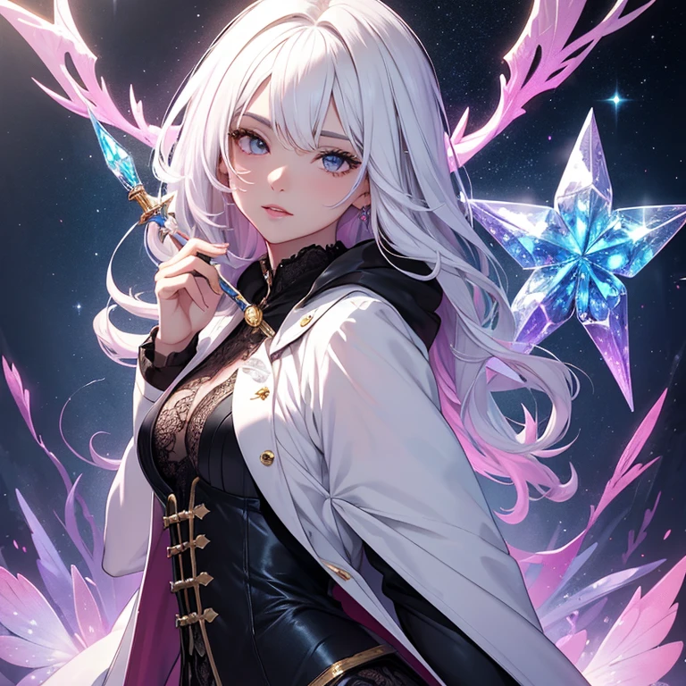 ((masterpiece, highest quality)), detailed face, full body esbian, Full of details, Multiple poses and expressions, very detailed, depth, many partagic Taoist,Holds a crystal wand,fantasy style,Very beautiful and mysterious,fantasy,rainbow colors，high balance, Natural light, black lace，black laceパンスト，starry sky,star decoration,white hair,Pink Lip,White scholar coat