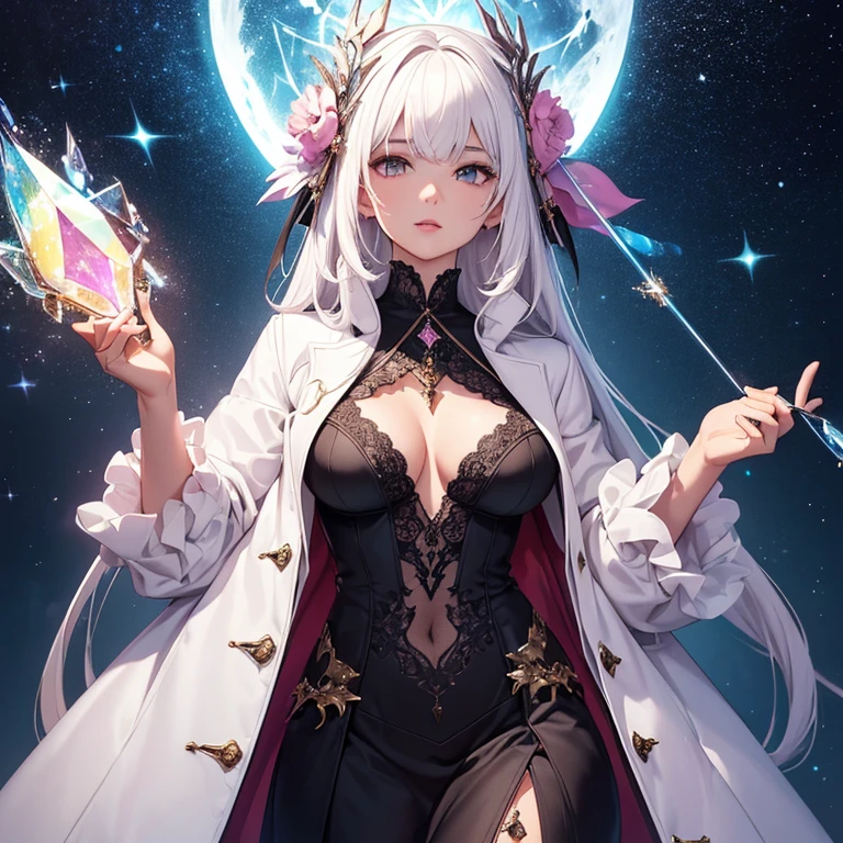 ((masterpiece, highest quality)), detailed face, full body esbian, Full of details, Multiple poses and expressions, very detailed, depth, many partagic Taoist,Holds a crystal wand,fantasy style,Very beautiful and mysterious,fantasy,rainbow colors,high balance, Natural light, black lace,black laceパンスト,starry sky,star decoration,white hair,Pink Lip,White scholar coat