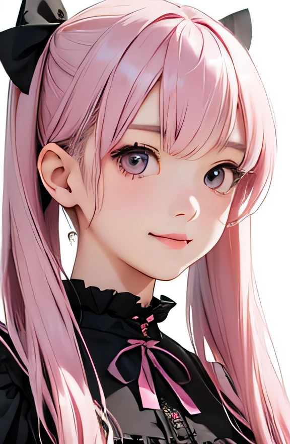 highest quality、realistic、Japanese、girl、zoom、look up、cute、gray eyes、princess cut、long twin tails、pink hair、Gothic Lolita、bust shot、slender、small breasts、smile