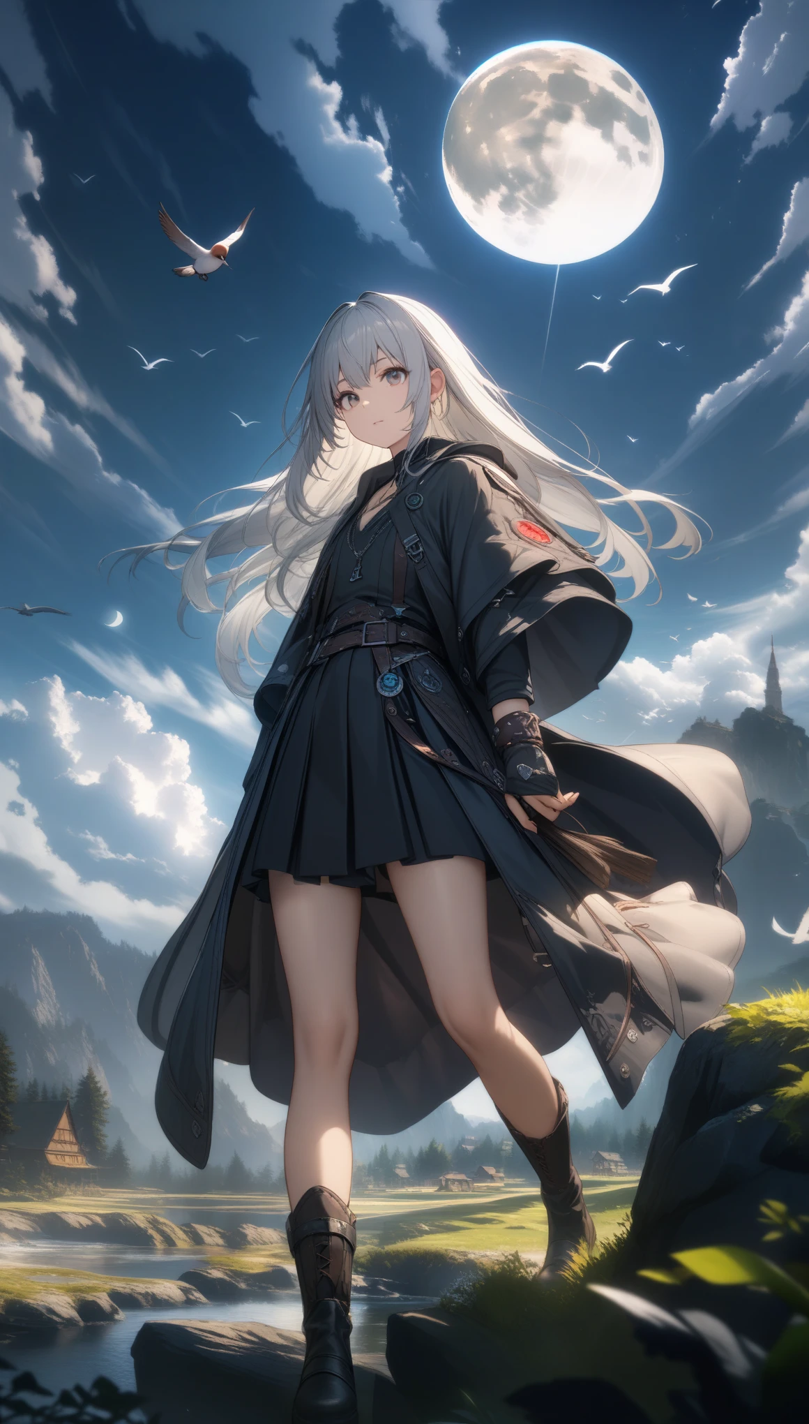 32k, best quality, ultra high res, HDR, UHD, extremely detailed CG, unity 32k wallpaper, highest quality, very detailed, masterpiece, Super detailed, cloud, witch_have, have, 1 girl, null, green_null,Day, length_hair, cloudy_null, moon,bird, alone, Silver_hair, witch, outdoor,
