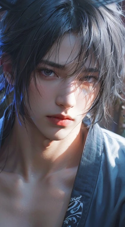 young man, pale skin, spiky black hair, black eyes, big lips, white clothes, Sasuke Uchiha, realistic, 3d, forest, sword