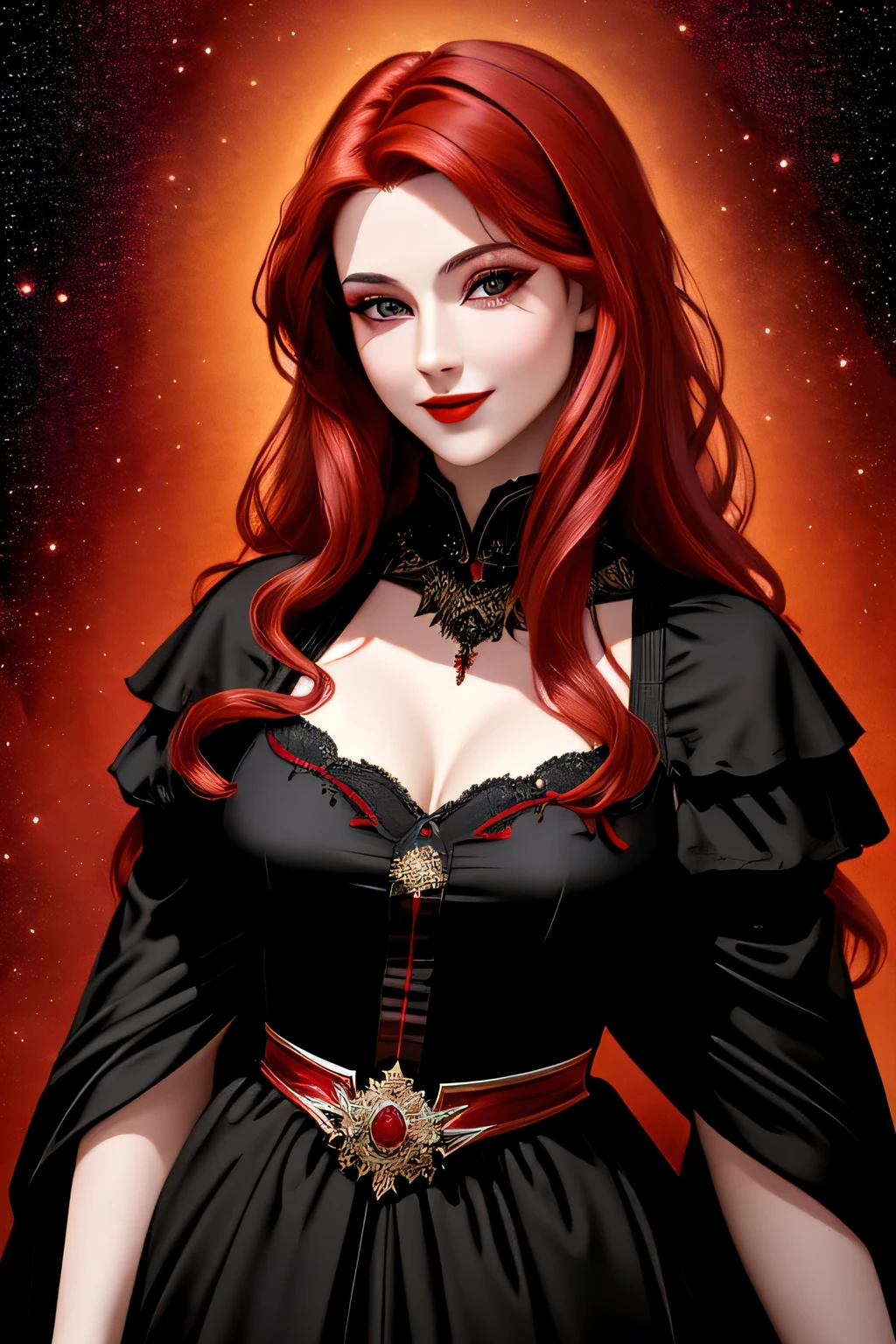 (Masterpiece, Best Quality:1.3), absurdres, (8k resolution), illustration, ((outline, thick lineart)), (faux traditional media:1.3), looking at viewer,(masterpiece,best quality),HDR,high-definition,[[Intricate Details]],cinematic,photorealisticportrait shot, ((vivid red hair)), mature woman, 30 years old, diamond face, moonlight, red starry sky background, depth of field, magic, big red lips, ((dark black eyes)) black and red long and full dress, covered chest, mystical atmosphere, smile expression, posing, taut and well defined body, attractive. Highly realistic, pale skin, beautiful, hyperrealism, skin very elaborated, direct gaze

