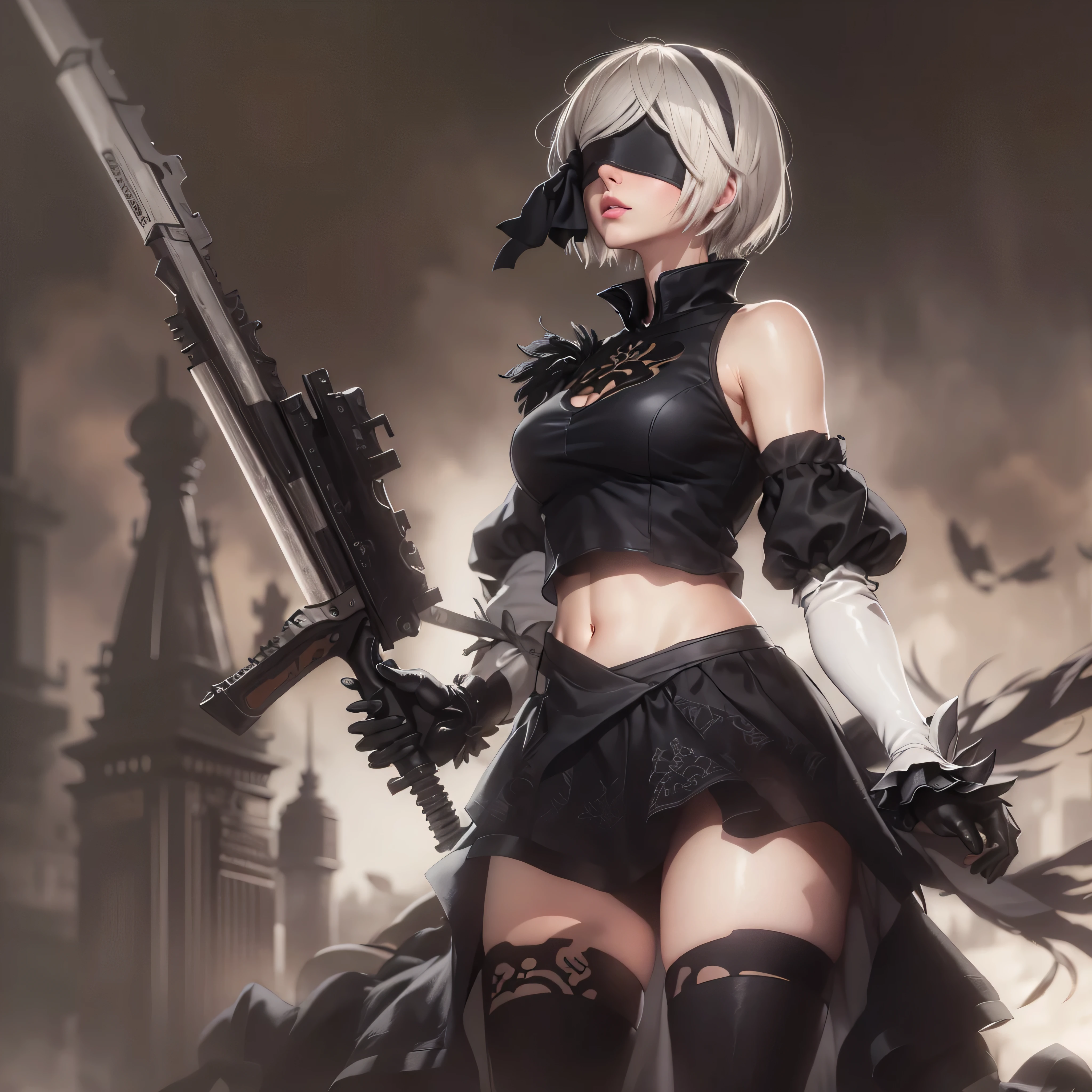 (2B,NieR:Automata),blindfold,have a weapon,best quality, high quality, 8K, masterpiece