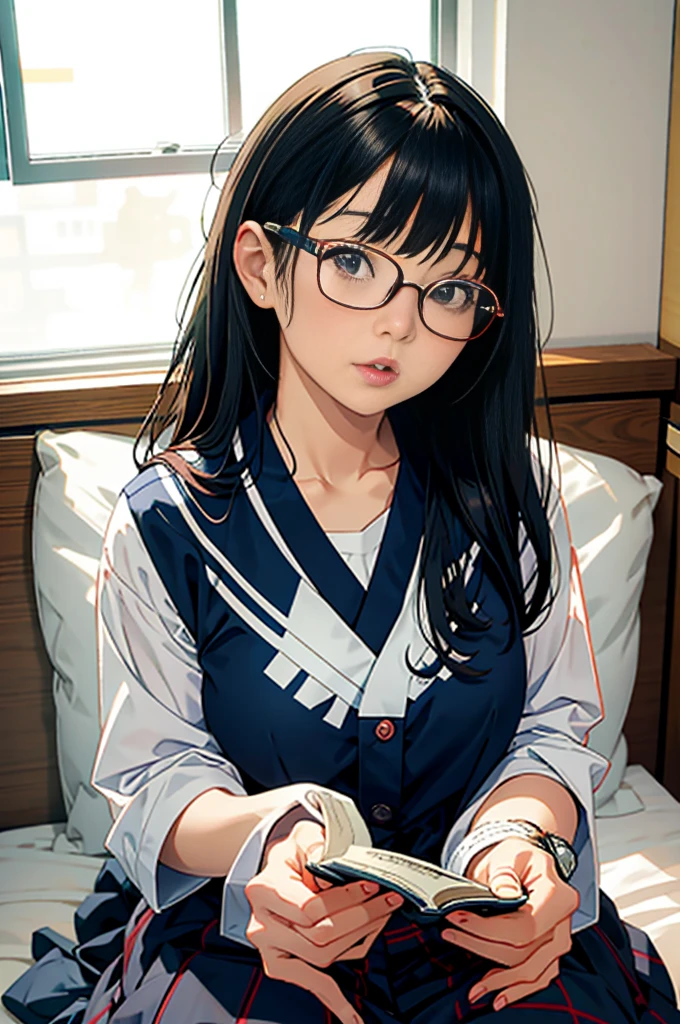 There is a woman sitting in bed with glasses on, seifuku, with glasses, Chiho, Japanese model, Japanese girl , Japanese , kimi takemura, Yoshitomo Nara, Young beautiful girl gravure idol, kotegawa yui, shikamimi