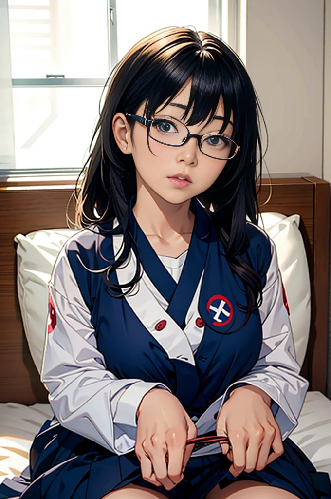There is a woman sitting in bed with glasses on, seifuku, with glasses, Chiho, Japanese model, Japanese girl , Japanese , kimi takemura, Yoshitomo Nara, Young beautiful girl gravure idol, kotegawa yui, shikamimi