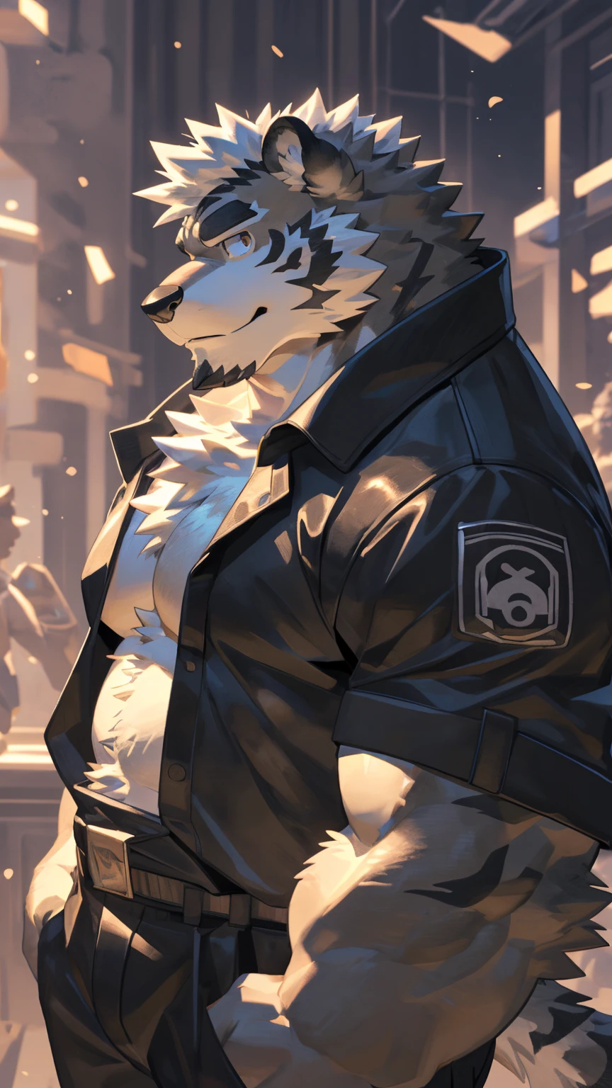 alone, ((fluffy fur, fluffy, hairy body)), detailed fluffy fur, Detailed face, delicate Eye, dynamic poses, (super detailed), sharp focus, Genji, Eye, hairy, (Gray black fur:1.5), White beard, human nature (black tiger), chest hair，male, middle aged, white belly, Increase chest muscles(((muscular))), (endomorph body type:0.4), Not too fat, rest ((black jacket，exposed breasts)), ultra Detailed face, high detail, high quality, (best quality,4K,8K,High resolution,masterpiece:1.2), (close up:1.3), author：Takemoto Arashi, by kulplant, author：ghost of emptiness, From raccoon21, dynamic lighting, Smile, (whole body:1.4), looking at the audience, eternal, close up肖像, indoorHigh resolution, 用hand托住肚子, hand.详细的hand