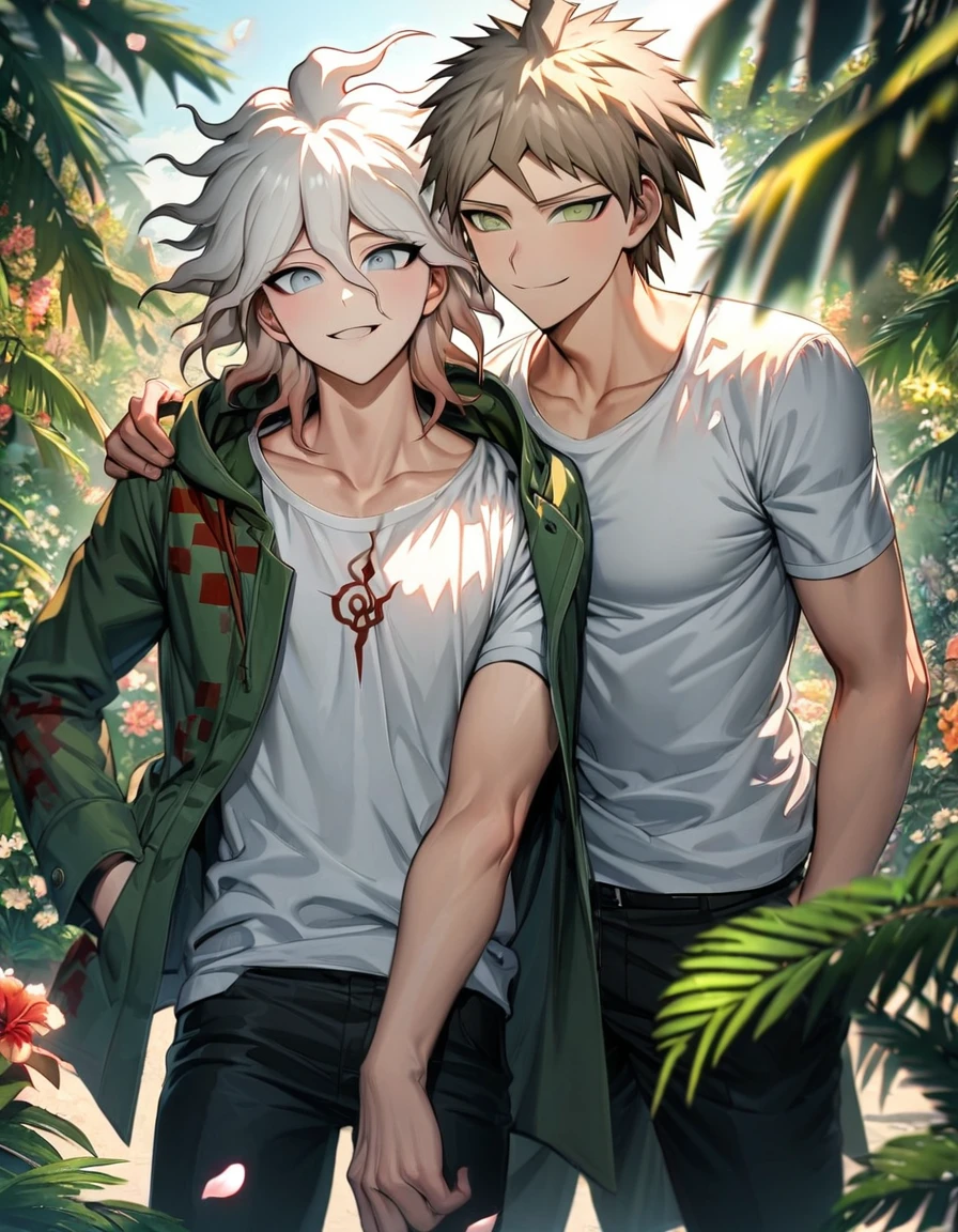 Ultra detailed, Highres, absurdres, HDR, Komaeda Nagito, white hair, silver eyes, Hinata Hajime, light brown hair, Danganronpa, green long coat, white tight t-shirt, black pants, smirking, green leaves, summer, flowers and petals, handsome, 2 man together, gay couple