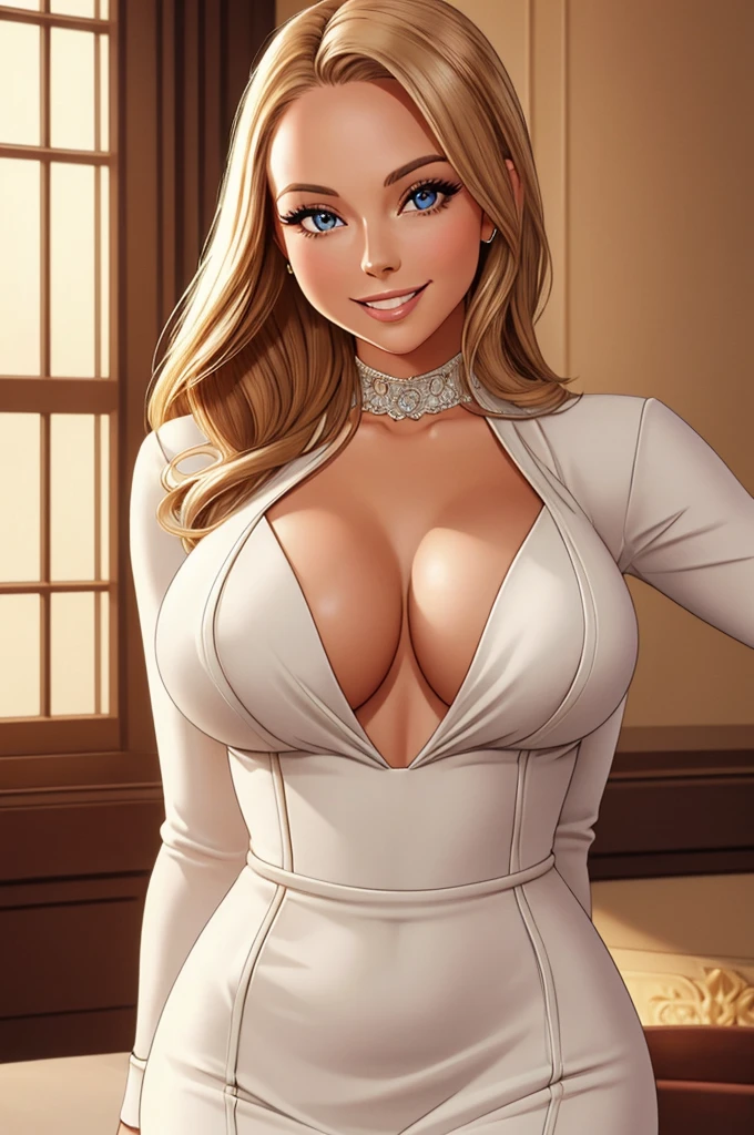 A beautiful inteligent, sophisticated women. Laura Vandervoort. elegant hyper-detail dress. Large opulent breasts, covered breasts. Wide-swinging hips. wide-inviting-smile, modest, conservativly dressed, chaste, pure, innocent, wholesome vestral, photorealistic. Circa 1985.