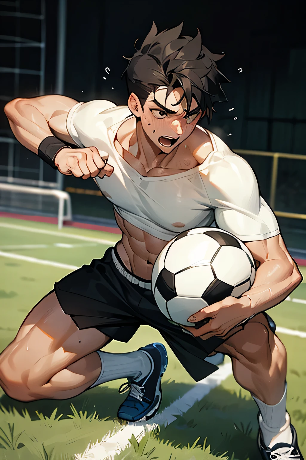 shirtless, super muscular, sweat-drenched body, 22-year old short black hair handsome caucasian male wearing white soccer shorts and shoes, panting, playing soccer on the field, sweating
