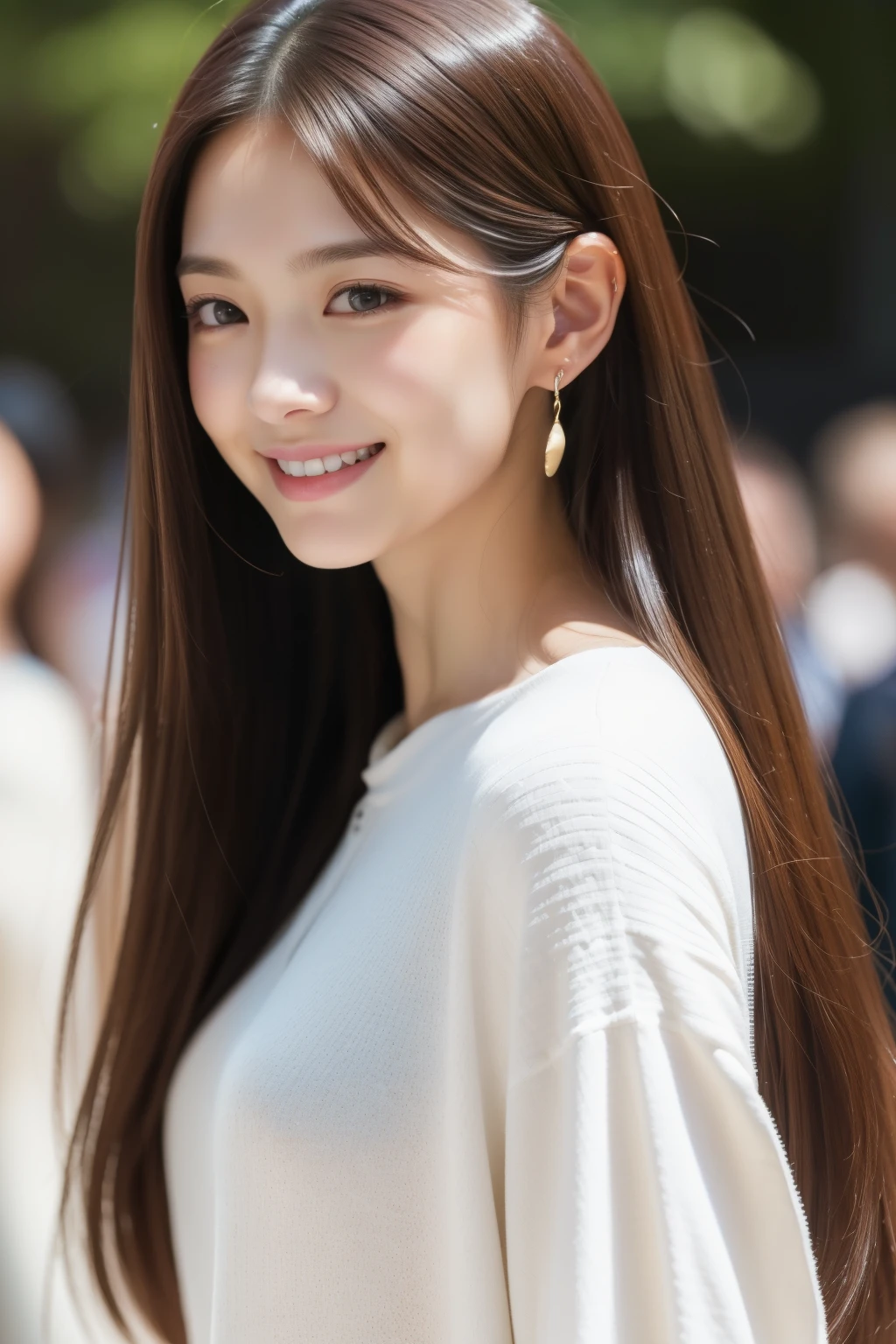 (8k、Raw photo、highest quality、Masseter muscle part:1.2)、super detailed、super resolution、(realistic、realistic pictures:1.37)、Portrait、High-definition RAW color photo、professional photography、hvery detailed and beautiful、very detailed、8k Wallpapers、amazingly detailed、huge file size、official art、Hvery detailed CG Unity 8k wallpapers、hvery detailed beautiful girl、very detailed顔、very detailed目、very detailed肌、very fine fingers、hvery detailed nose、very detailed detailed mouth、perfect anatomy、hvery detailed back ground、Hvery detailed clothing、1 girl、(18:1.2)、、cute、famous japanese idol、cute、realistic body、、white skin、glowing skin、Because I'm slender、handsome body、brown haired、straight long, smile, cute faces、lifelike face、delicate eyes、earrings、looking at camera、positive、Are standing, dynamic lighting, 2024, Clothes that are popular in spring, Tokyo, The background is Shibuya