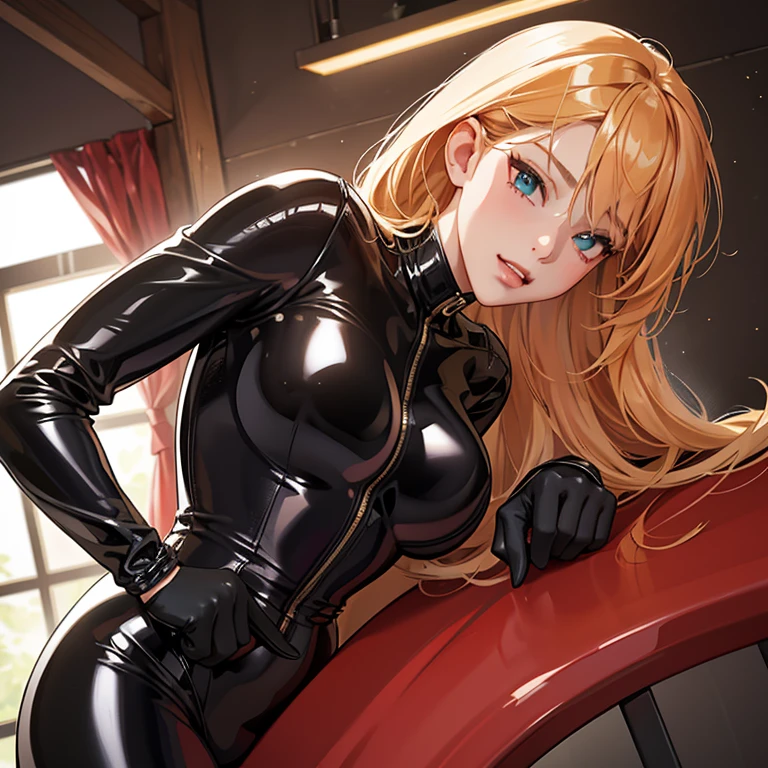 One girl clad in a latex suit, with a realistic, mischievous expression that invites playfulness, her eyes rolling subtly with a hint of the infamous "Ahegao" expression. The intricately detailed latex suit showcases every curve and texture, highlighting her vibrant and playful personality as it gleams under the high-resolution, full-frame image. Sunlight filters through the background, casting an alluring glow on her curvaceous figure, teasingly enhancing her allure. Despite the form-fitting latex attire, her playful demeanor remains unmistakable, adding to the captivating nature of this portrait.