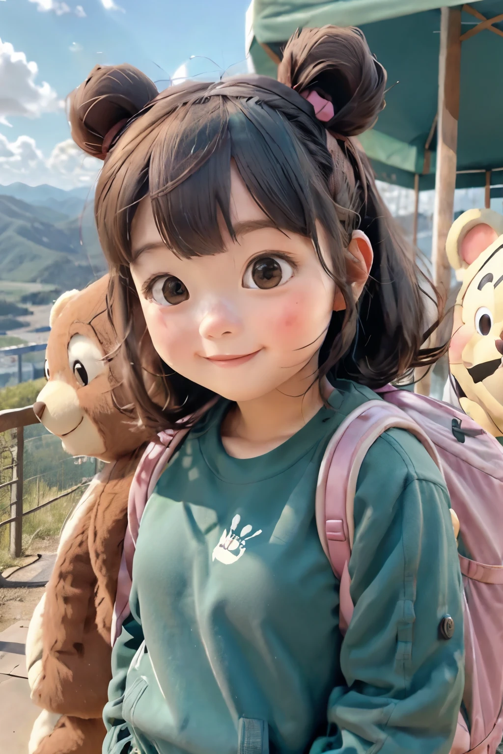 A girl goes hiking with a big bear mascot、smile