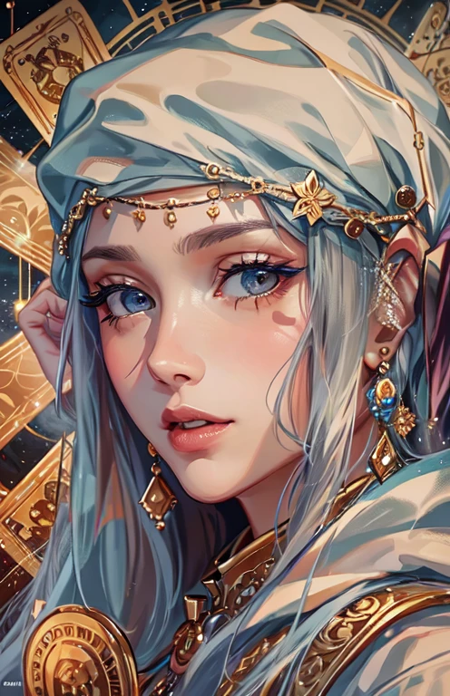 ((highest quality)), ((masterpiece)), (get used to it), perfect face , beautiful girl , fortune teller , tarot cards ,