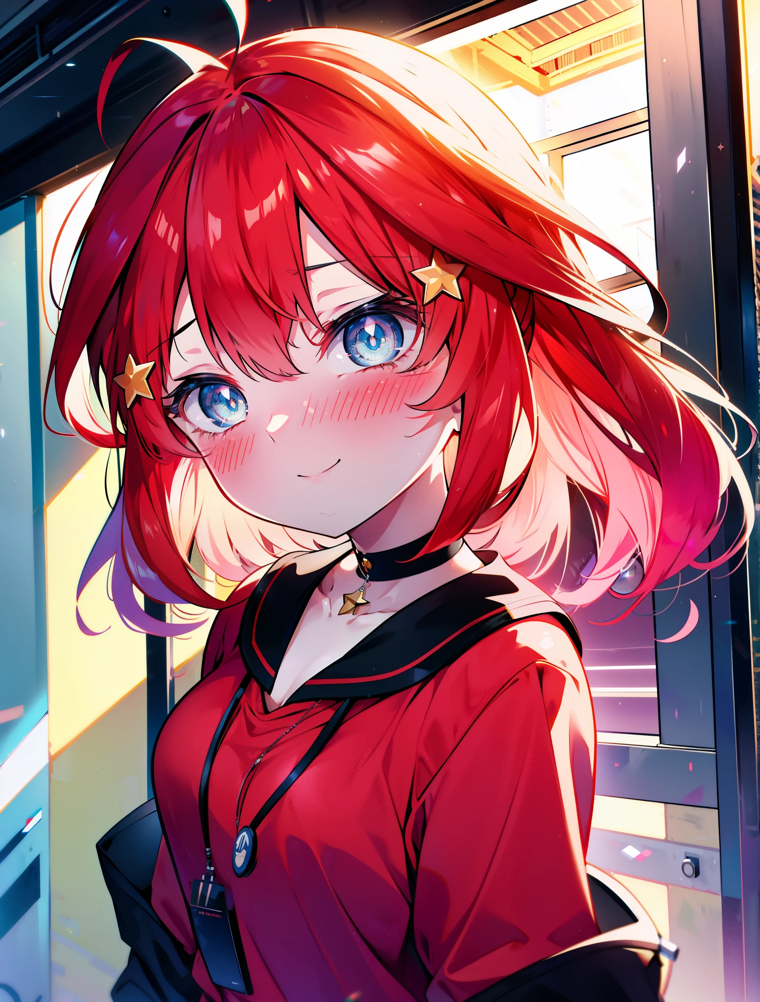 itsukinakano, itsuki nakano, bangs, blue eyes, hair between eyes, Ahoge, redhead, star \(symbol\happy smile, smile, open your mouth,embarrassing,blush, hair ornaments, star hair ornaments,red off shoulder sweater,bare shoulders,bare clavicle,naked neck,Heart Pendant Necklace,Black long skirt,Mini Boots,whole bodyがイラストに入るように,There are many shops,noon,太陽の光
break outdoors, station Entrance,
break looking at viewer,whole body (cowboy shot:1.5),
break (masterpiece:1.2), highest quality, High resolution, unity 8k wallpaper, (shape:0.8), (fine and beautiful eyes:1.6), highly detailed face, perfect lighting, Very detailed CG, (perfect hands, perfect anatomy),