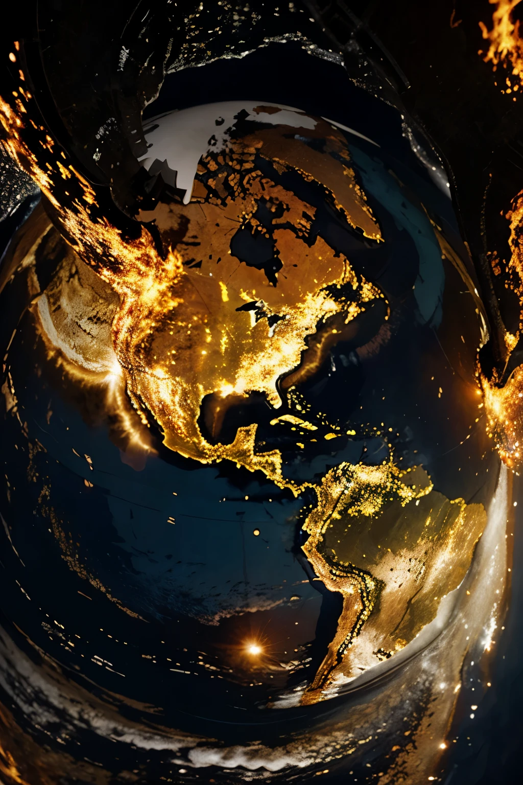 The globe surrounded by flames flooded cities and parched land