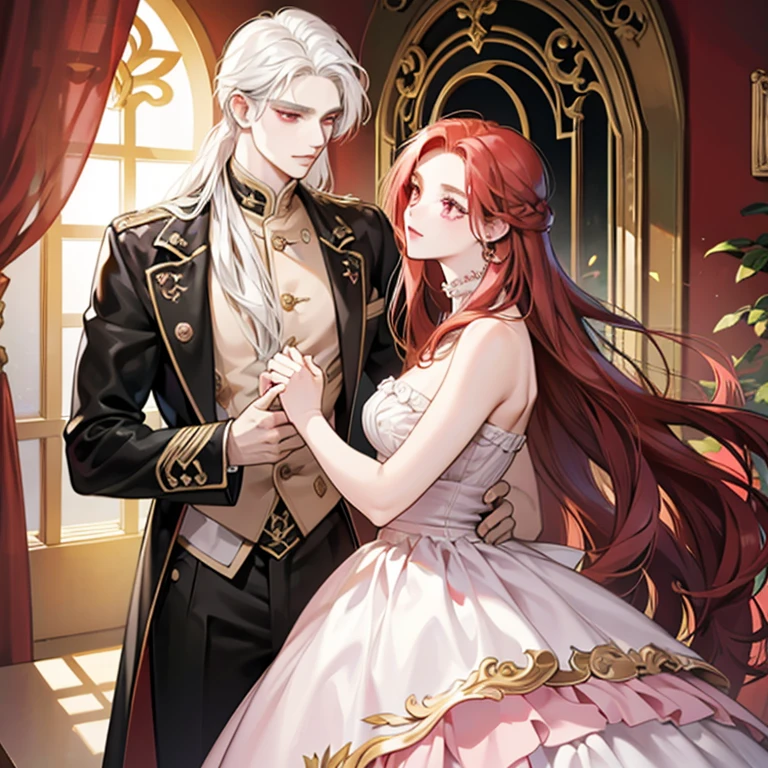 1 man with long straight red hair and golden eyes hugging 1 woman with wavy white hair and pink eyes, realeza, elegante, alta qualidade, altamente detalhado, rosto detalhado, obra de arte, standing