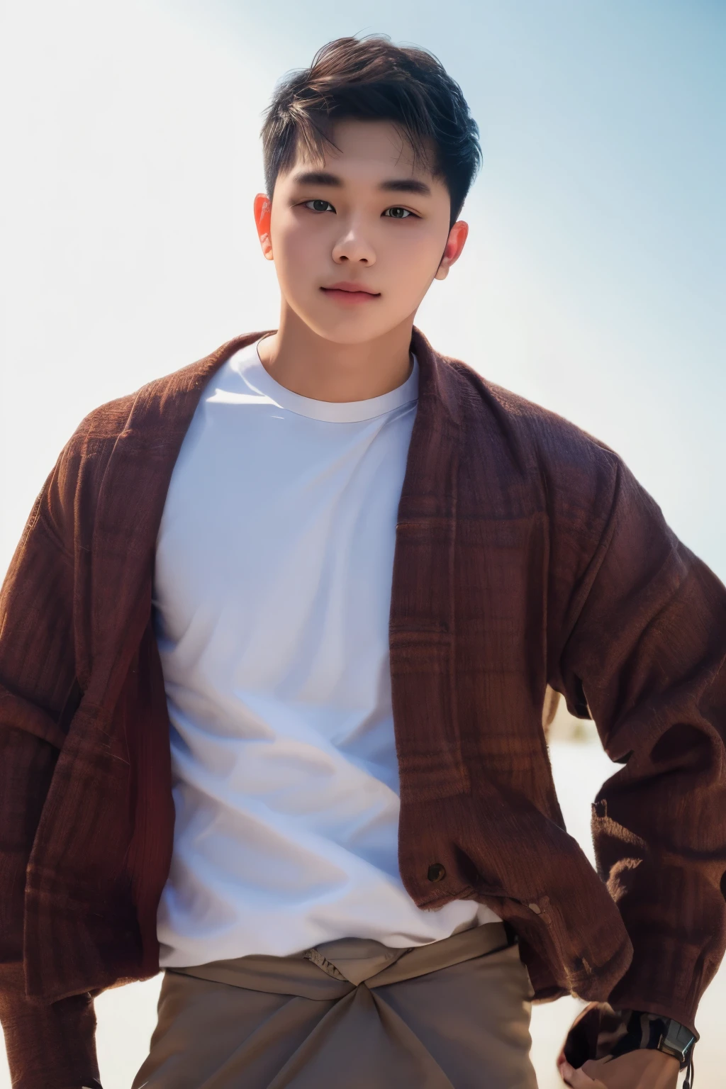 1boy, handsome muscular male, face, white background, wearing acmm top, very attractive, blurry_background, (high detailed skin:0.8), 8k uhd, dslr, soft lighting, HDR, warm light, high quality, film grain, Fujifilm XT3,