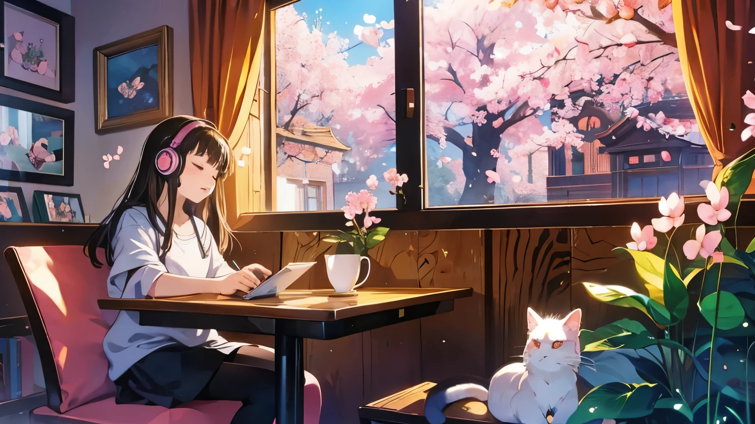 Ghibli anime style cat wearing headphones studying in a cafe, cat sleeping next to it, cherry blossoms blooming outside, super high quality, super definition