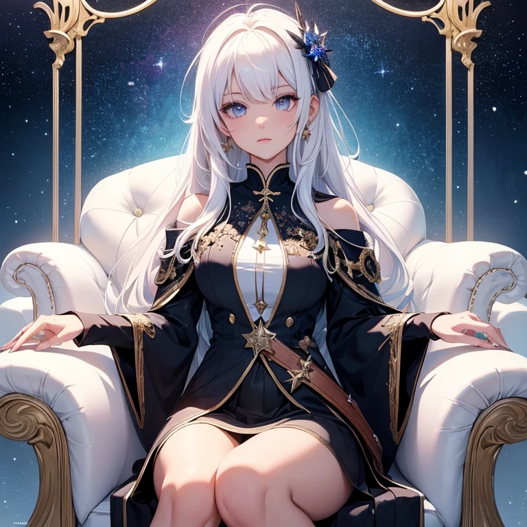 ((masterpiece, highest quality)), detailed face, full body esbian, Full of details, Multiple poses and expressions, very detailed, depth, many partagic Taoist,Holds a crystal wand,Wearing blue combat uniform,fantasy style,Very beautiful and mysterious,fantasy,rainbow colors,high balance, Natural light, black lace,black laceパンスト,starry sky,star decoration,white hair,Pink Lip,White light coat,sit on a chaise longue