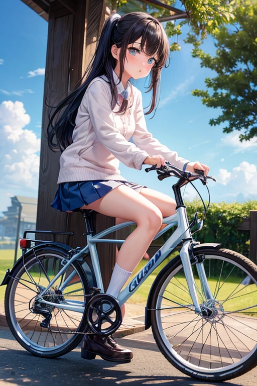 Drawn in manga style、家と学校の近くでbicycleに乗る美しい女子高生, 1 girl, ground vehicle, underwear, bicycle, panties, alone, skirt, long hair, black hair, outdoor, white panties, null, Day, blush, blue eyes, cloud, pantyhose, white shoes下, looking at the viewer, shoes下, long sleeve, shoes, blue null, bangs