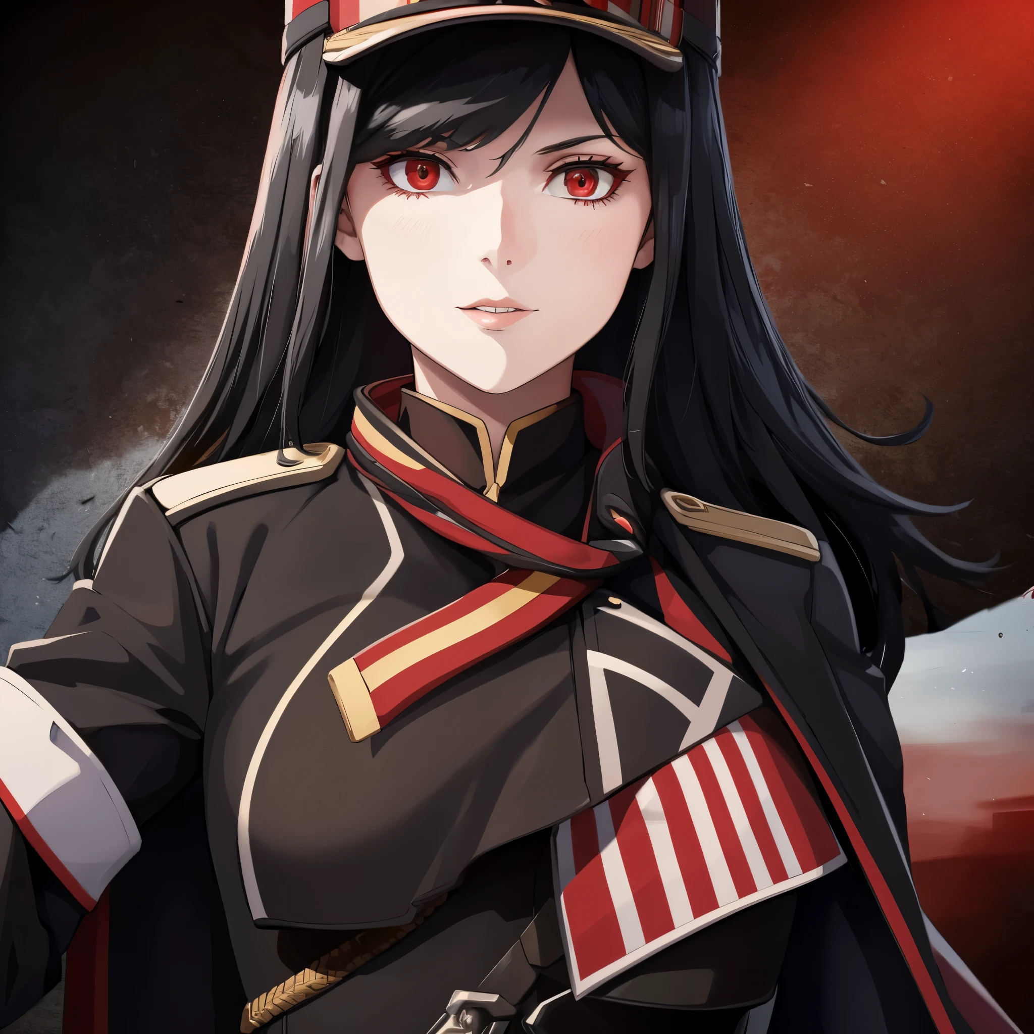 A woman wearing a black military uniform with red details, a military hat, black hair, red eyes, in a military barracks, wearing a cape coat,(just a girl, solo) ultra resolution, very detailed, HDR, masterpiece, 8K hd
