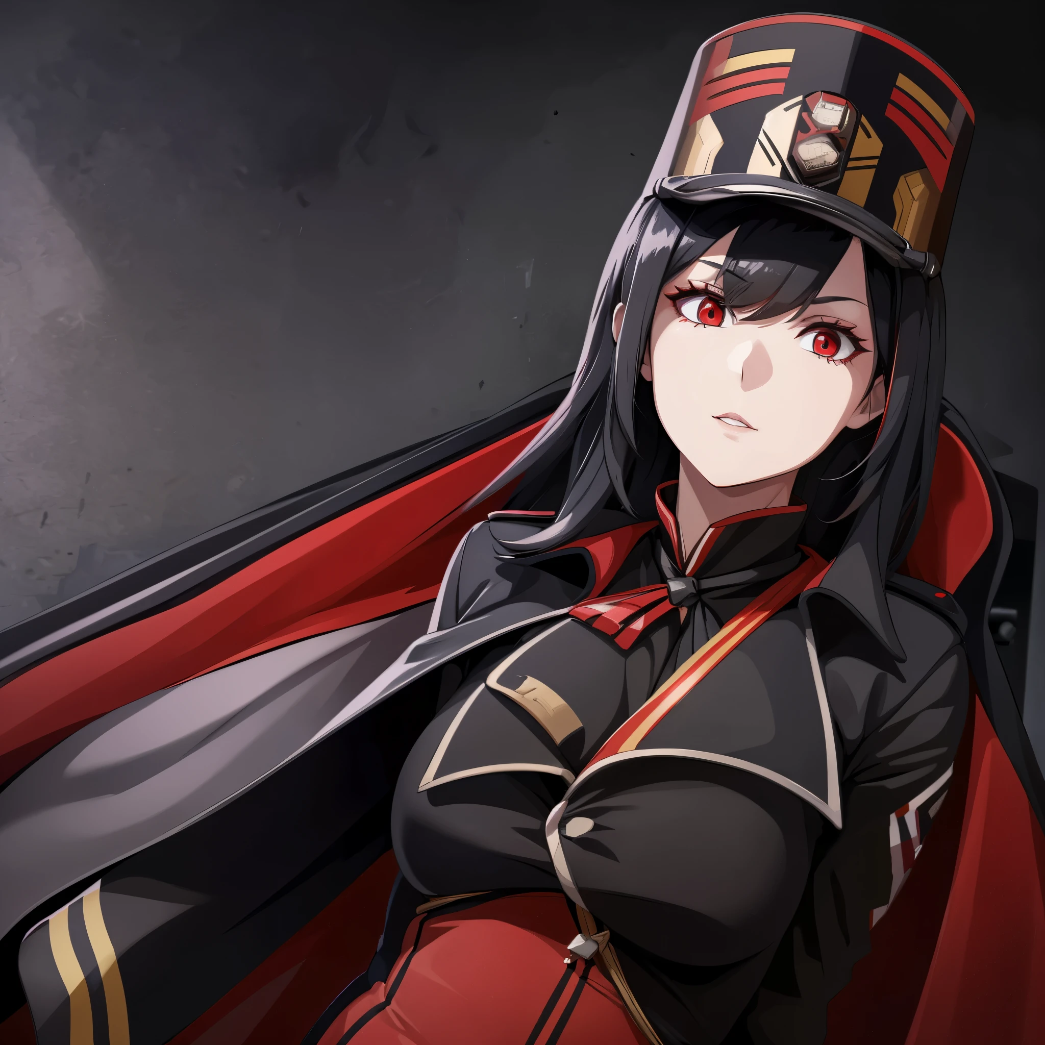 A woman wearing a black military uniform with red details, a military hat, black hair, red eyes, in a military barracks, wearing a cape coat,(just a girl, solo) ultra resolution, very detailed, HDR, masterpiece, 8K hd
