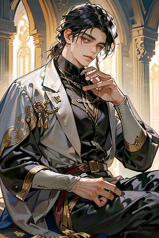 (Melhor qualidade,adulto,1 homem,maduro,muito alto,elegante e forte, muito musculoso e forte, cabelo ruivo curto,olhos pretos escuros,bohemian style medieval clothing,fundo medieval de fantasia,soft lighting,erudito)