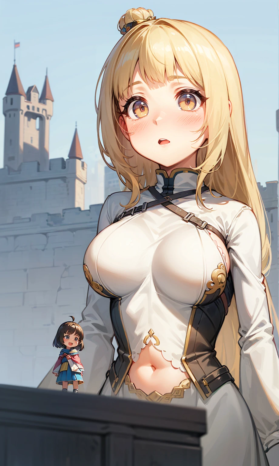 (2girls:1.7), (height_difference:1.7), (size_difference:1.4), (a giantess behind a fortress: 1.3), (a miniature woman standing on a fortress wall below the closeup breasts and face of a giantess: 1.2), (miniature woman: 1.4), (size perspective: 1.4), (simple background :1.2), (height different sizes: 1.2), navel, (closeup breasts and face: 1.2), (a miniature woman standing below the breasts of a giantess), (out of focus: 1.2), (fortress: 1.2), blushing, open mouth, big cute eyes, eyelashes, bottomlashes