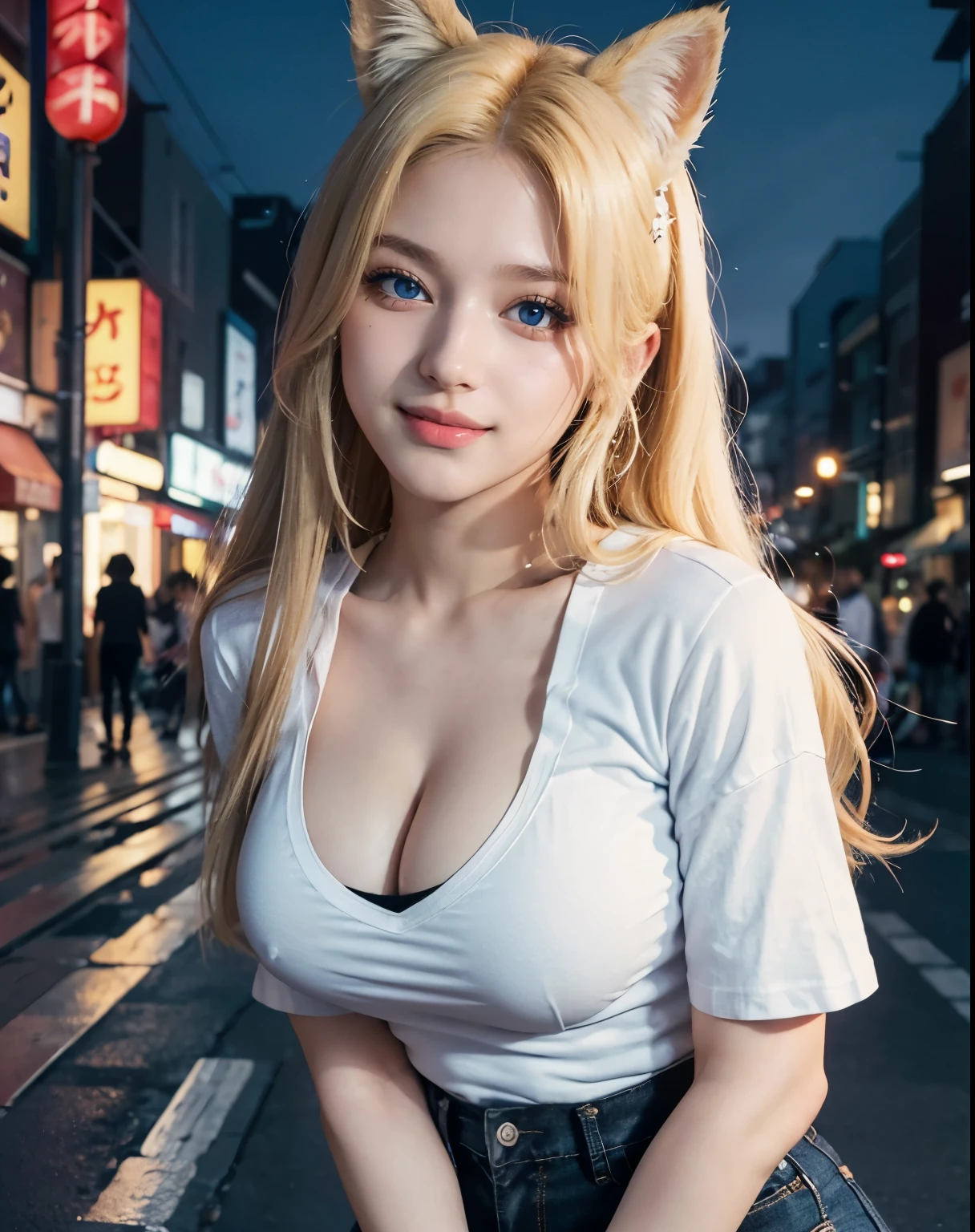 1girl, (Blue Eyes), (smiling :1.2), (Sana Minatozaki), (beautiful makeup :1.2), wide hips, Big tits, big ass, (Best Quality, 8k, Masterpiece: 1.3), Clear Focus: 1.2, Perfect Body Beauty: 1.4, strong abs, Highly detailed face and skin texture, detailed eyes, double eyelids, (blond long straight hair :1.3), (cleavage white t-shirt), (black jeans :1.3), fox ears, close-up, standing, bent over showing her tits, on the streets of Japan at night, city at night