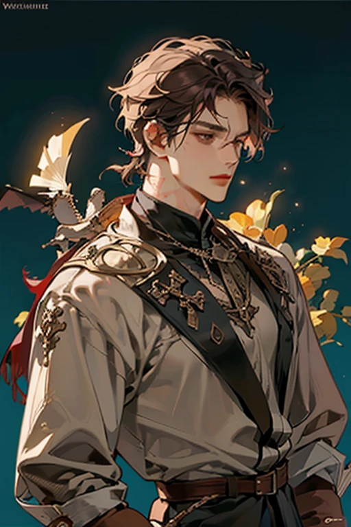 (best quality,adult,1 man,mature,very tall,elegant and fuerte, muy musculoso y fuerte, short crimson hair,dark black eyes,bohemian-style medieval clothing,fantasy medieval background,soft lighting,scholarly)