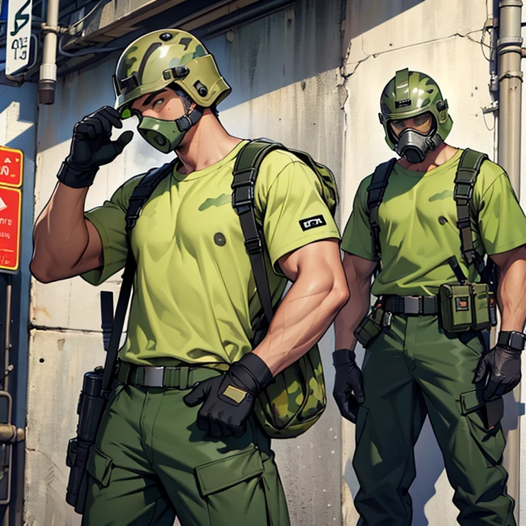 adrian_shephard, male focus, standing, (green olive t-shirt:1.3, camo long pants:1.1), gas mask, glove, helmet
