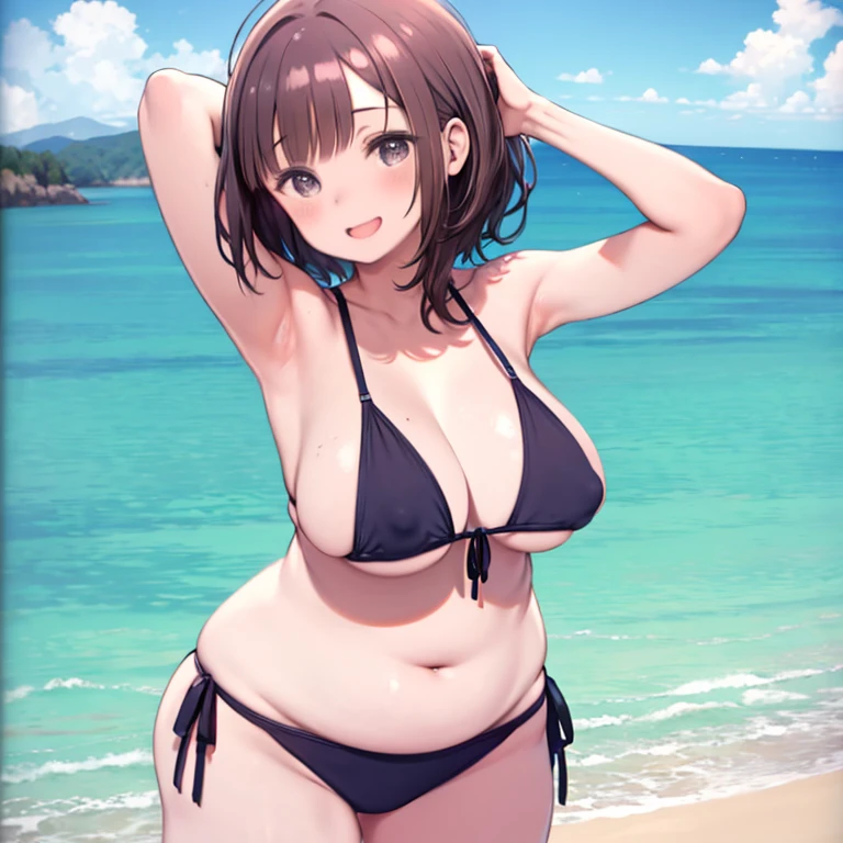 masterpiece, highest quality、Medium wide shot、cowboy shot、mature woman、brown hair、bob hair、((One eye is hidden by hair))、string bikini、swimsuit、((big breasts、huge breasts、big areola、erect nipples))、 (((Plump、Chubby、Small weight)))、I&#39;m embarrassed、sandy beach、arms behind head、arms behind head、smiling with open mouth、Are standing、