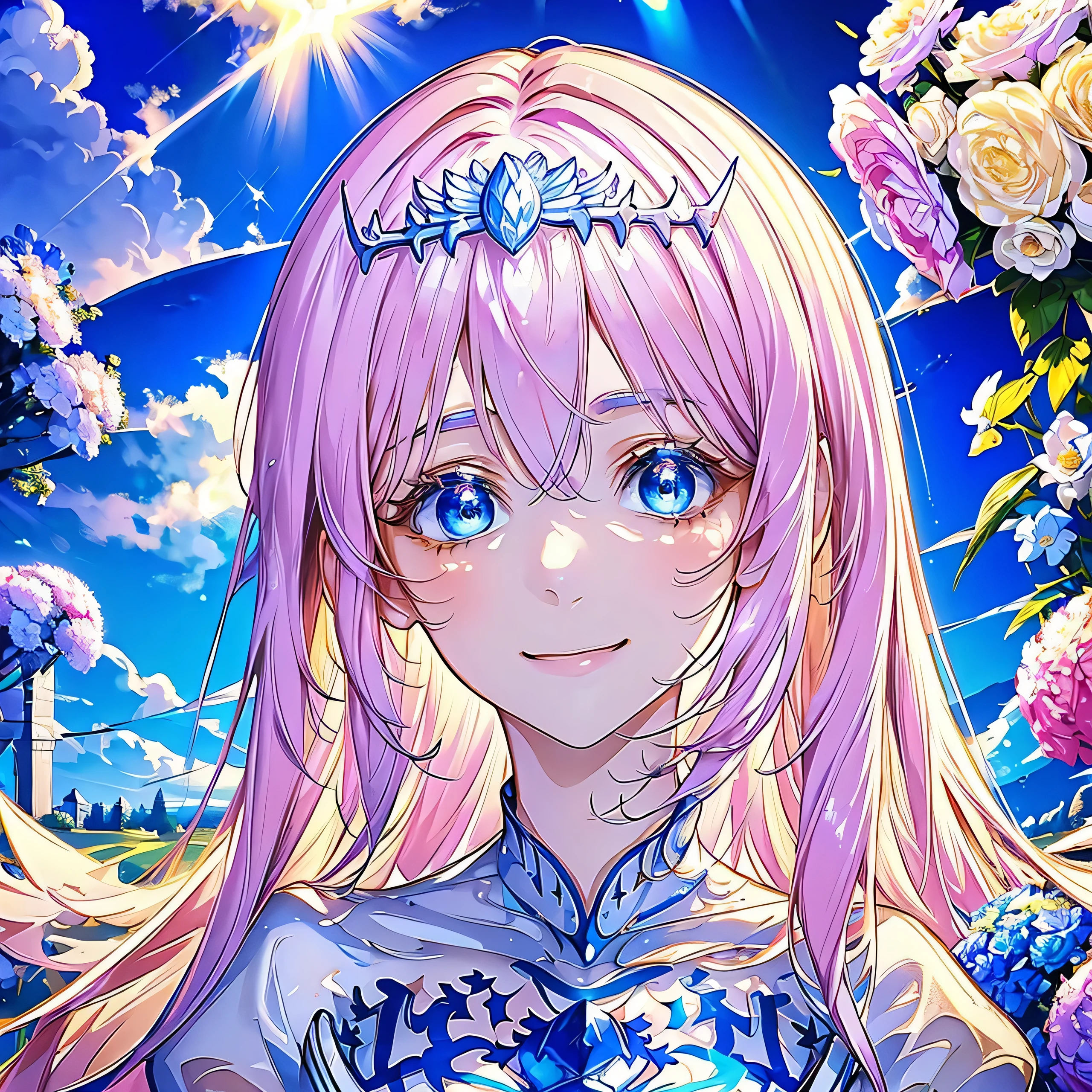 (Best Quality, Masterpiece, High Resolution), 1angel,, blue eyes, wearing tiara, ), stunning, cute, heartwarming smile, beautiful aster flower garden, gazebo, castle, mesmerizing sunlight, good proportion, detailed face, detailed accessories, symmetry, novel cover, close up, Calca, blonde hair, extremely long hair, white tiara, white dress, blue eyes, medium breasts, two angel wings, large white wings.
