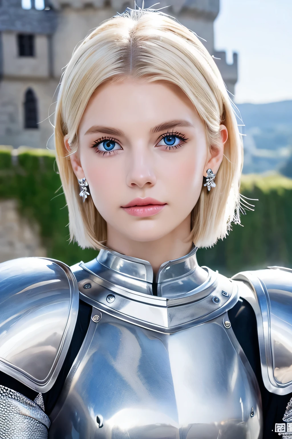 8K、highest quality、female knight、Luxurious Silver Armor、、hairstyle short cut、full body photo、ear piercing、blonde、white woman、blue eyes、heavy makeup、The background is the interior of the castle...