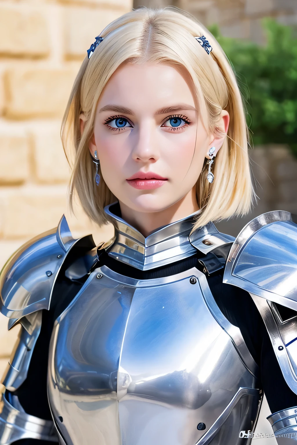 ８Ｋ、highest quality、female knight、Luxurious Silver Armor、、hairstyle short cut、full body photo、ear piercing、blonde、white woman、blue eyes、heavy makeup、The background is the interior of the castle...


